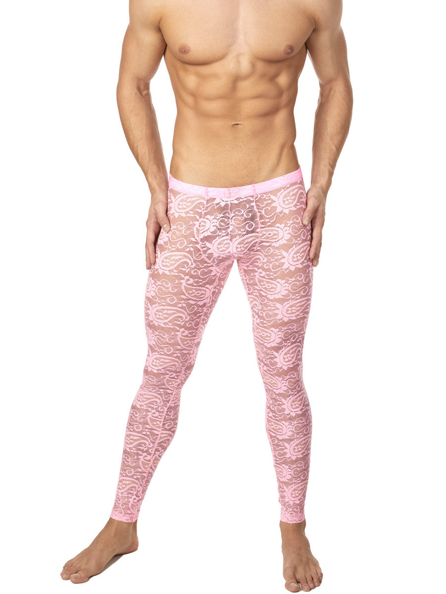 Bodyaware pink lace leggings for men.  Soft lace is engineered into a sleek and form-fitting legging for men. The stretch lace is embroidered with a paisley design and features metallic thread that gives a subtle gleam with every turn. A soft elastic waistband  sits comfortably at the hips, and a three-seam contouring pouch front that provides support yet allows room for the boys. Center seam down the back. 