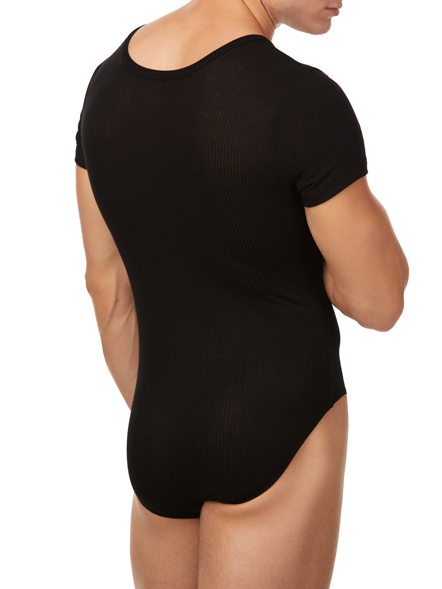 Men's black ribbed bodysuit v-neck short sleeve