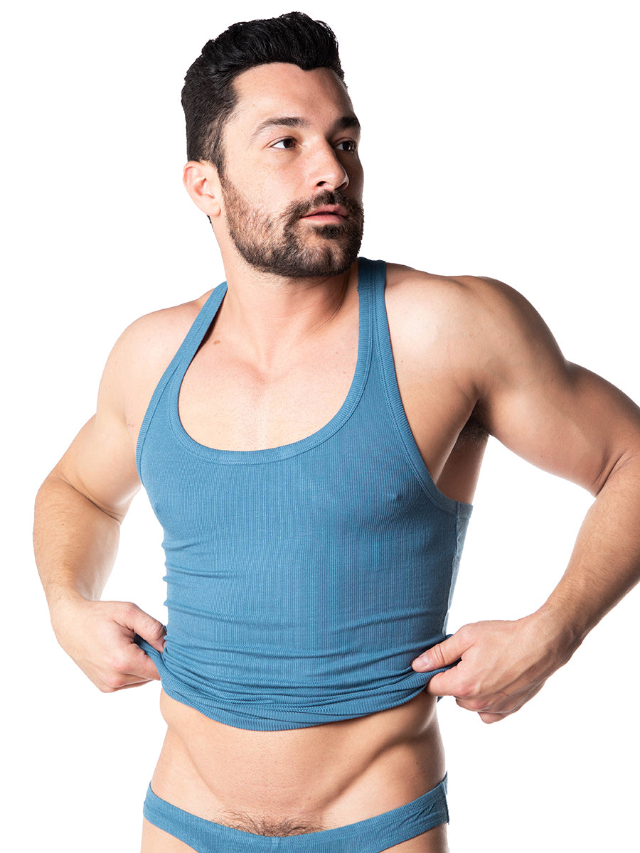 men's blue soft ribbed tank top -Body Aware