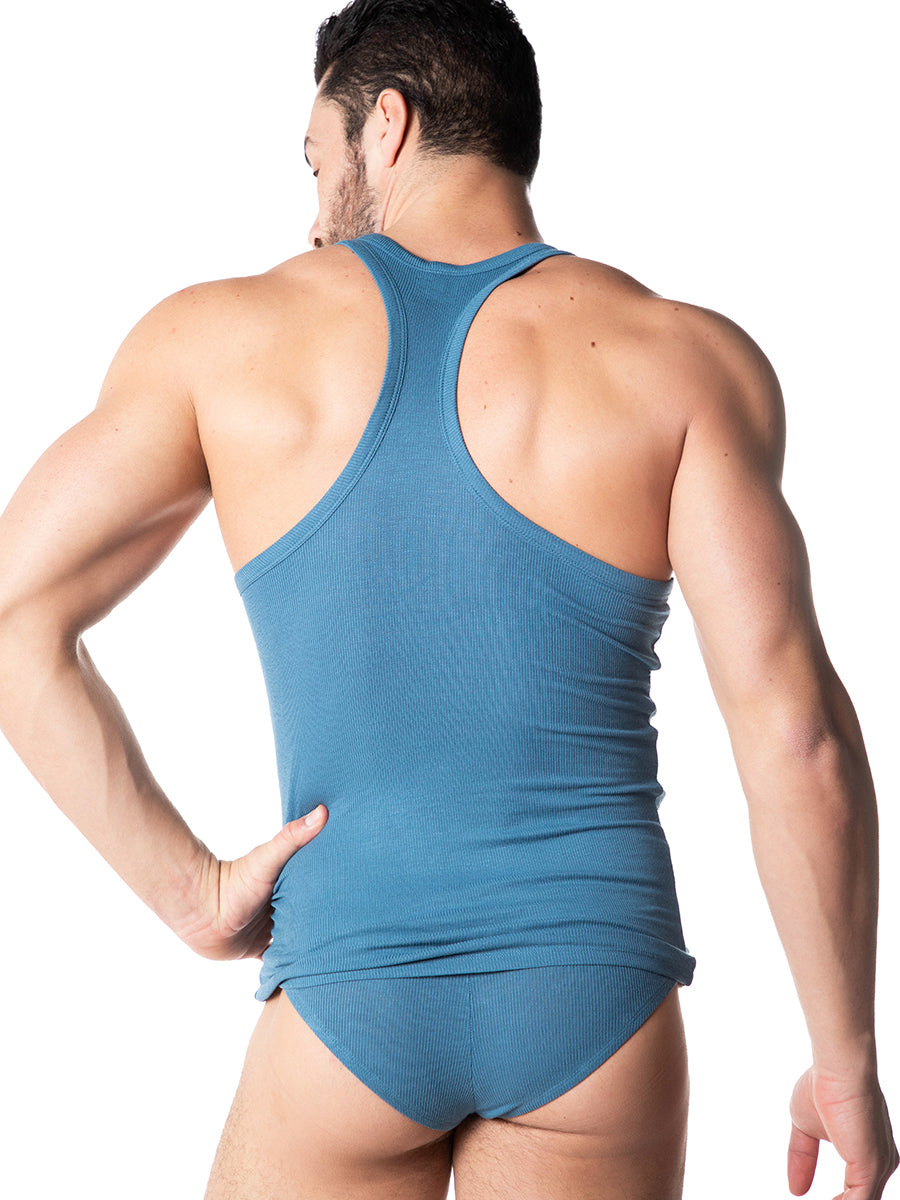 men's blue soft ribbed tank top -Body Aware