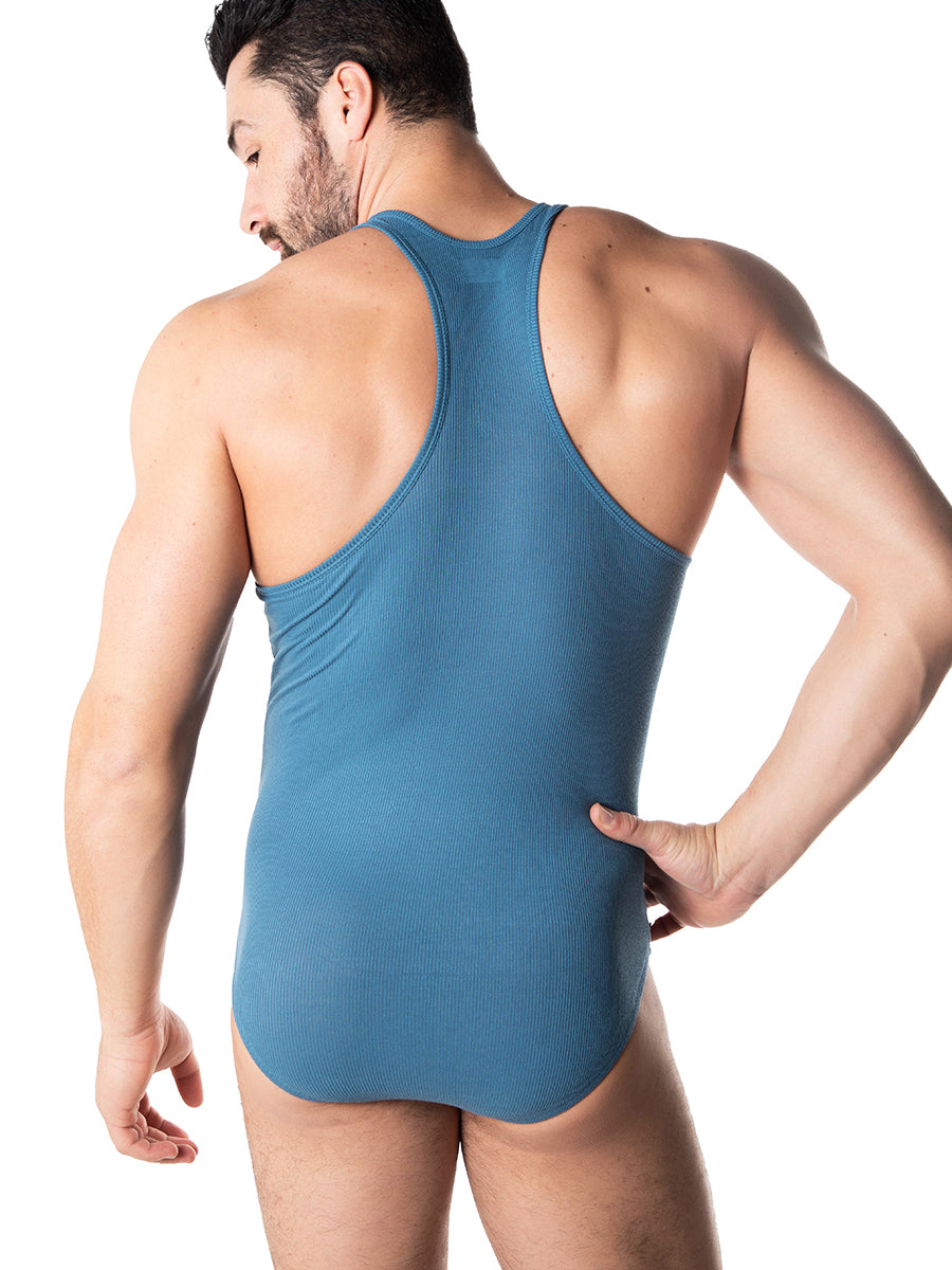 men's blue ribbed full-back bodysuit - Body Aware