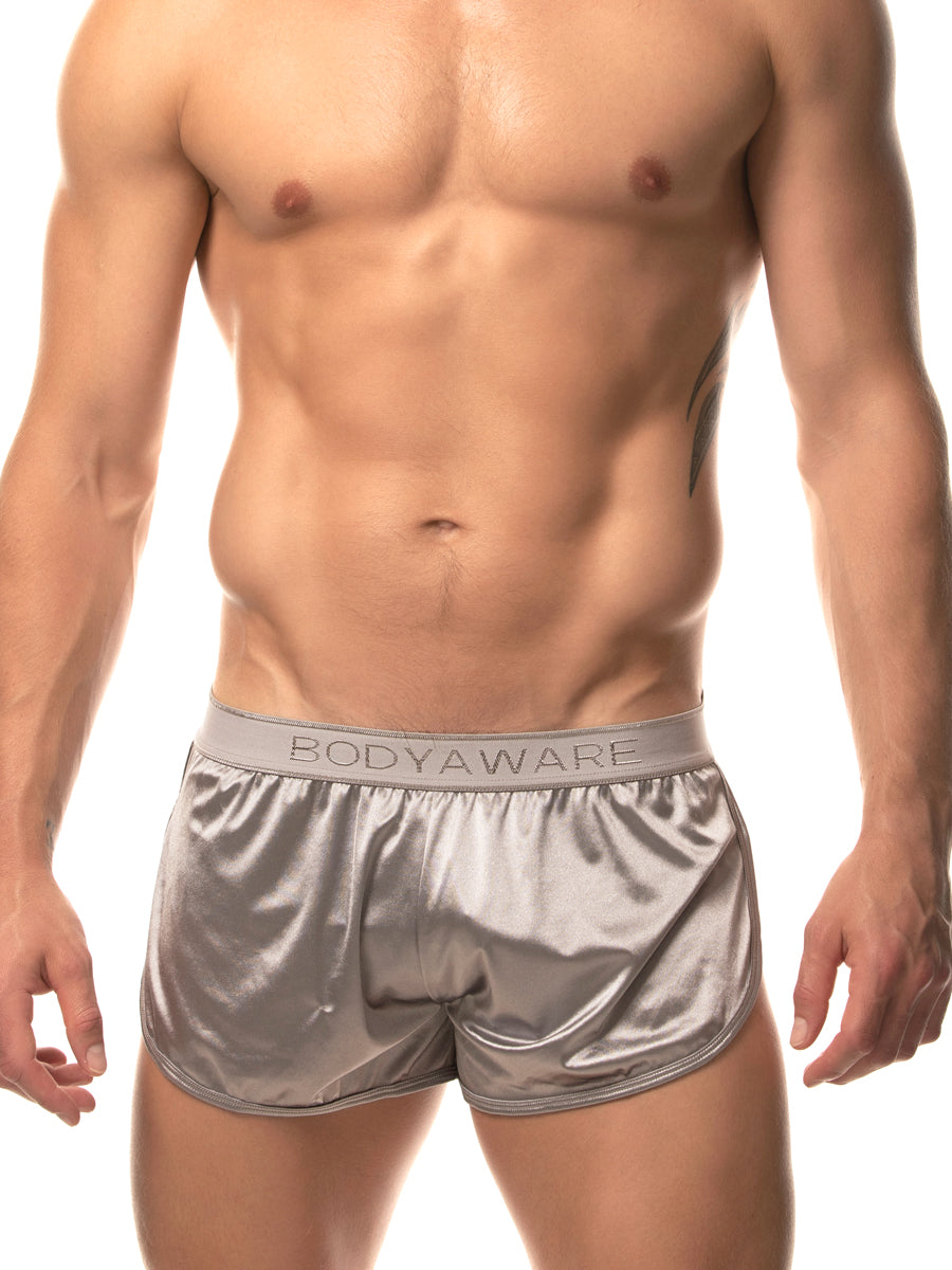 men's silver satin track shorts