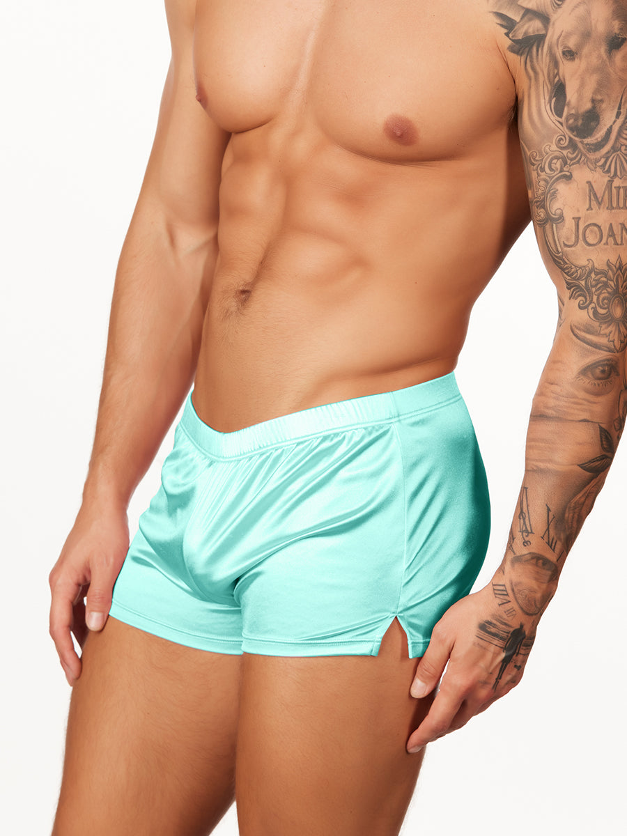 green aqua satin shorts