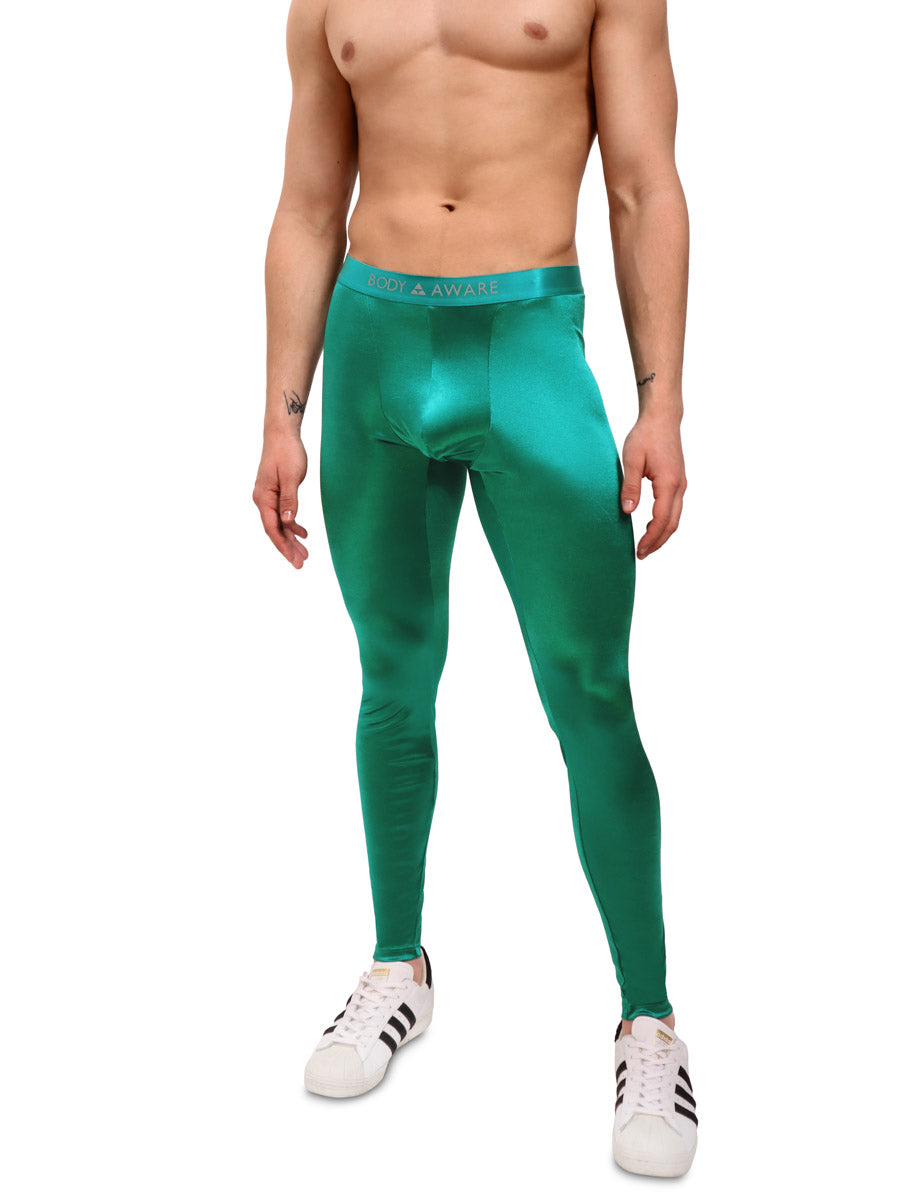 Men's Green Satin Leggings - Satin Activewear For Men - Body Aware