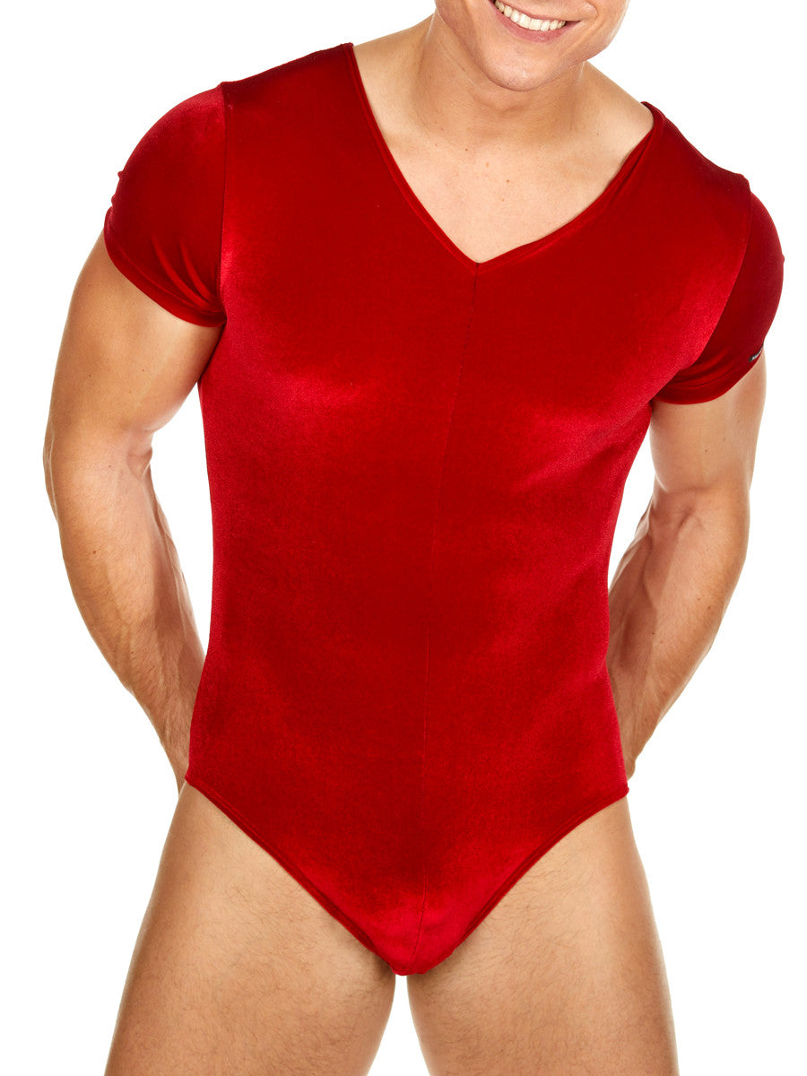 Men's red velvet bodysuit leotard with short sleeves