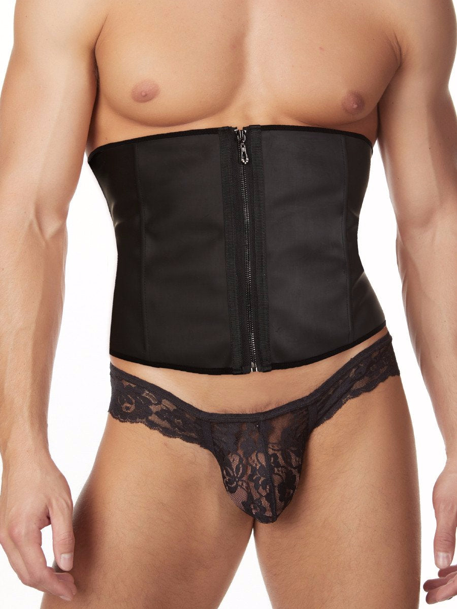 Men's black neoprene corset with a zipper