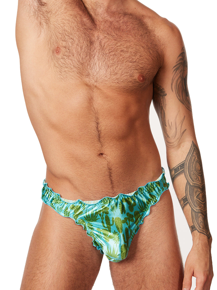 men's blue satin cactus print thong panties