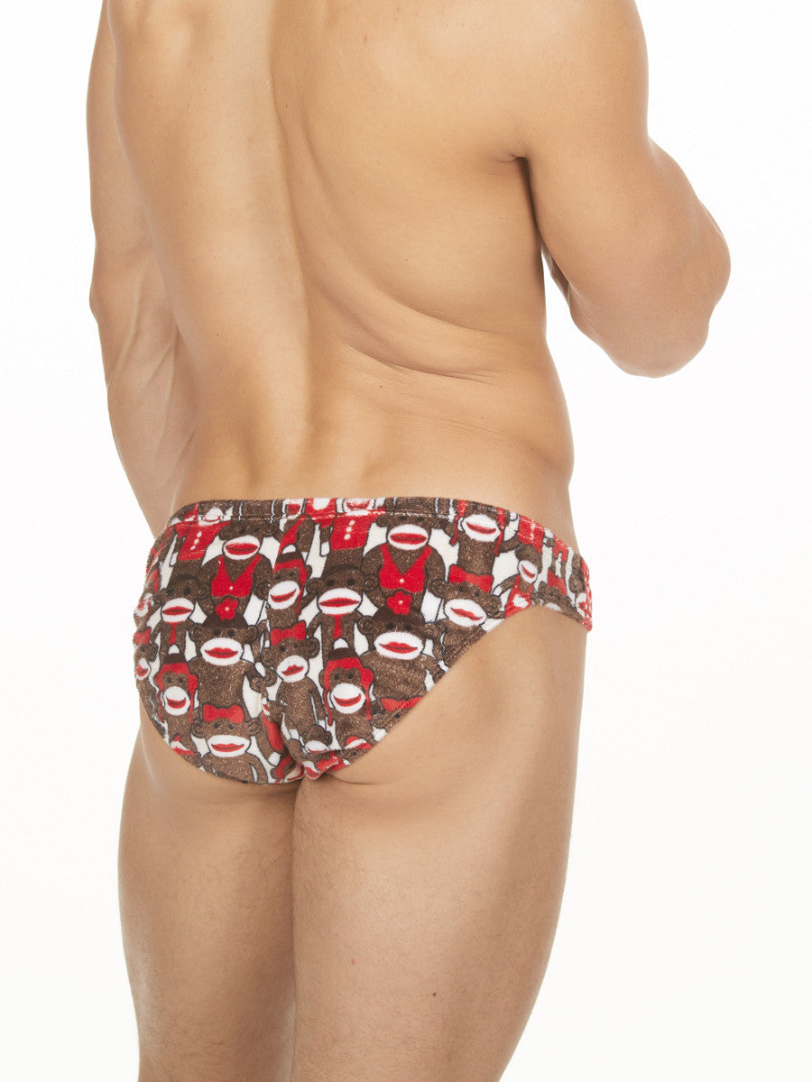 Men's red fleece sock monkey pattern bikini cut brief