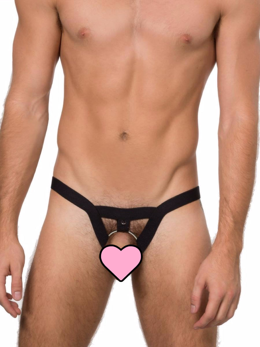 Men's black bondage style jock strap underwear with cock ring