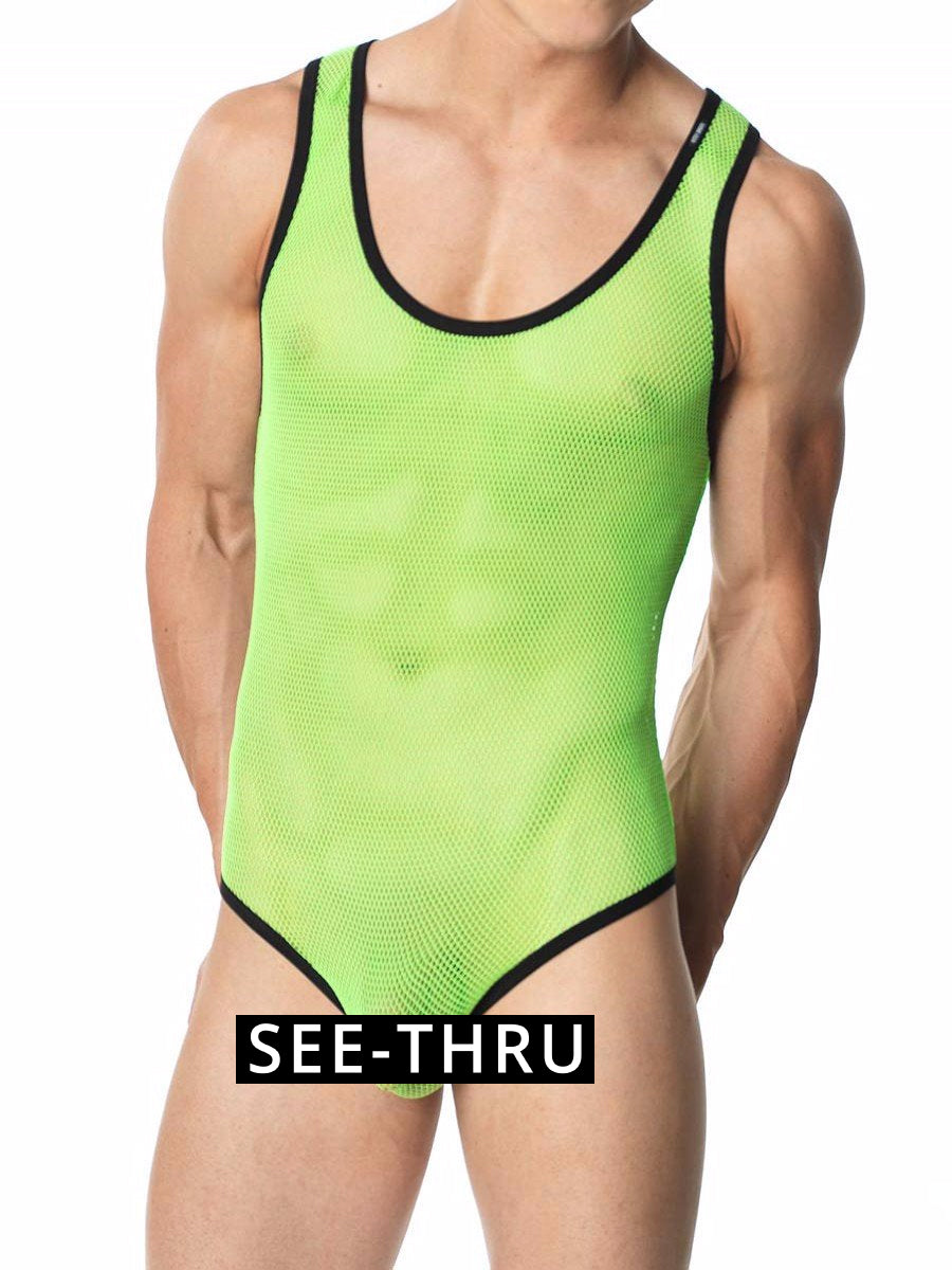 Men's green fishnet mesh see through leotard bodysuit