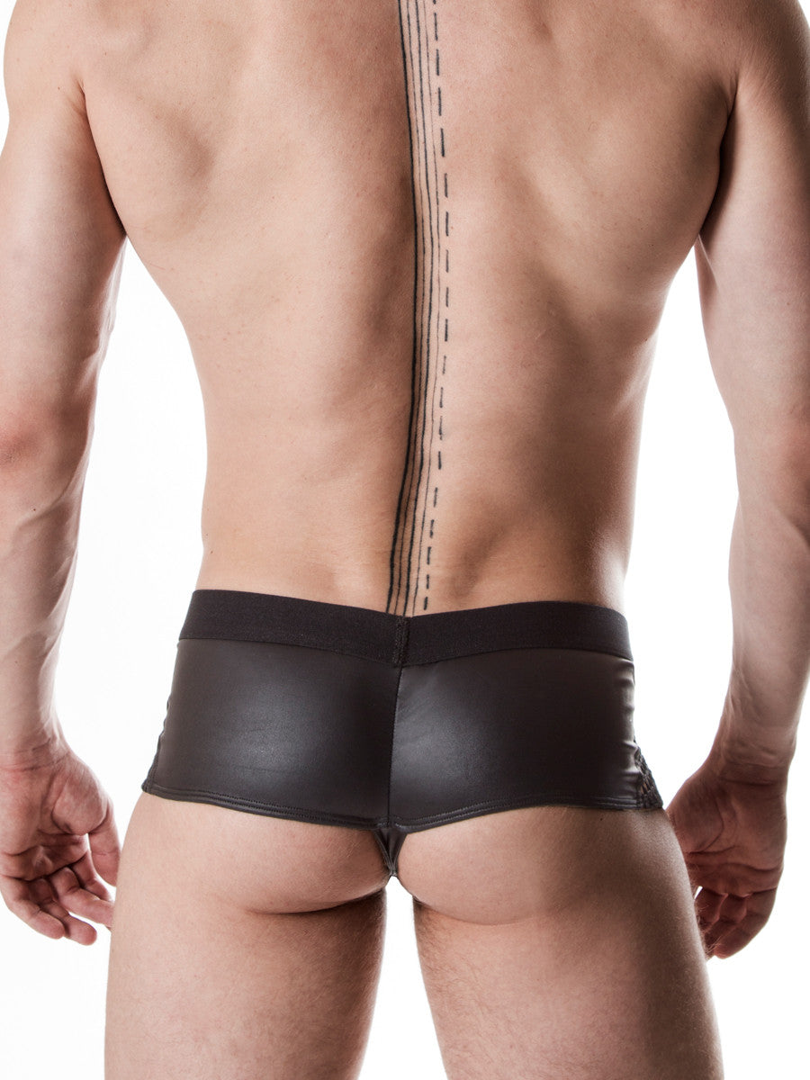 Men's black faux leather and fishnet industrial booty shorts