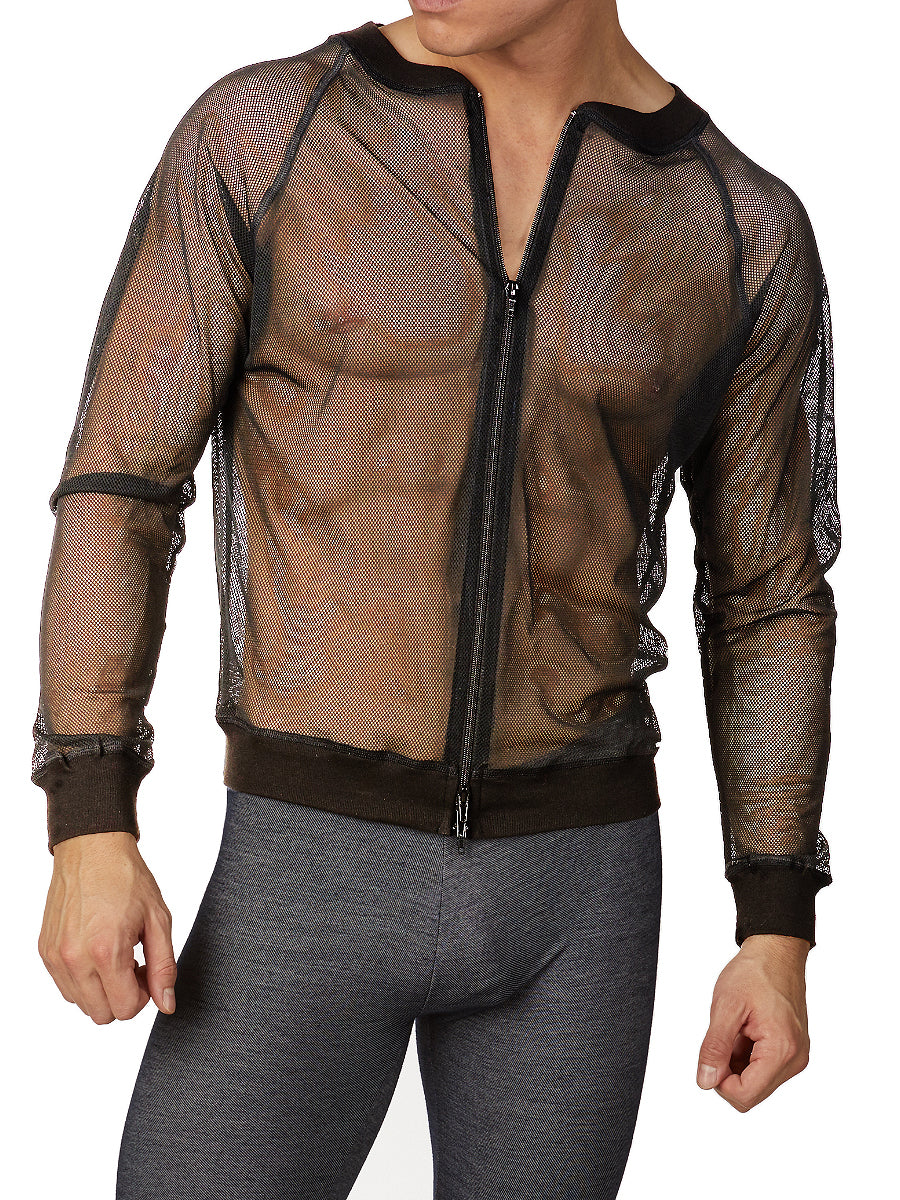 Men's black see through mesh long sleeve sports jacket