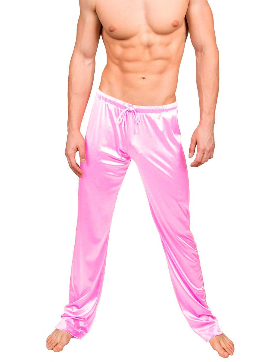 Men's pink smooth satin drawstring sleep pants