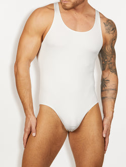 men's white thong bodysuit