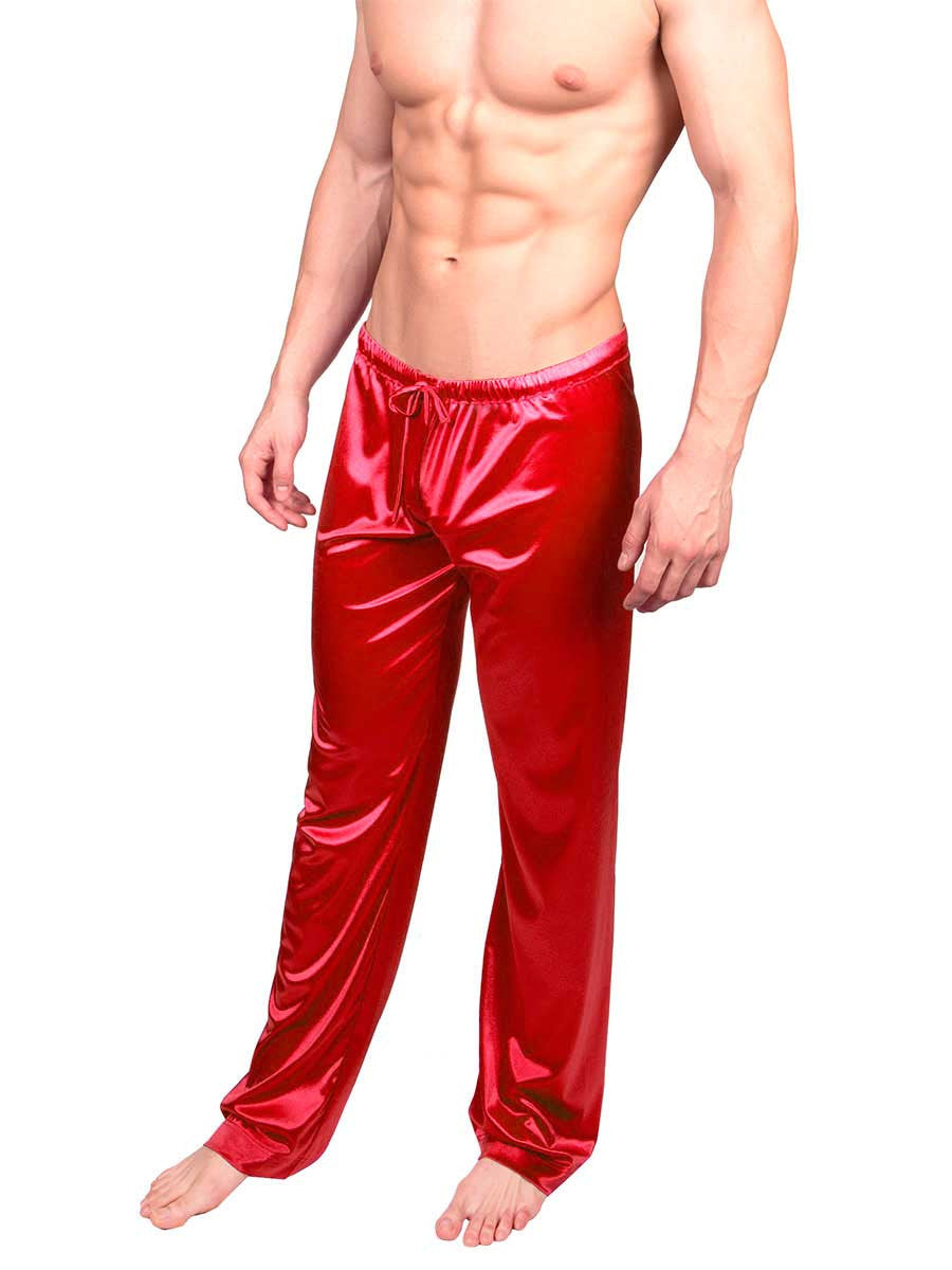 Men's red smooth satin drawstring sleep pants