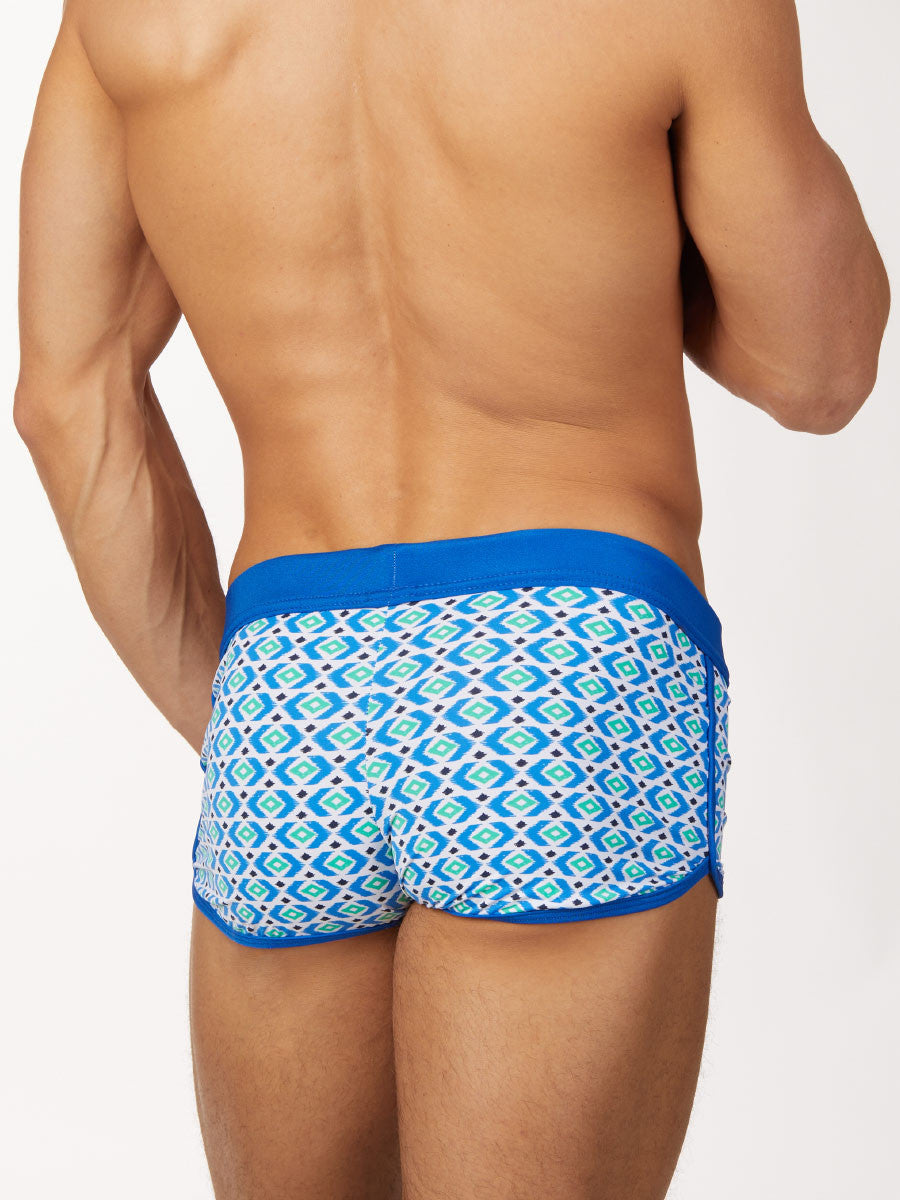 Men's blue geometric patterned drawstring swim shorts