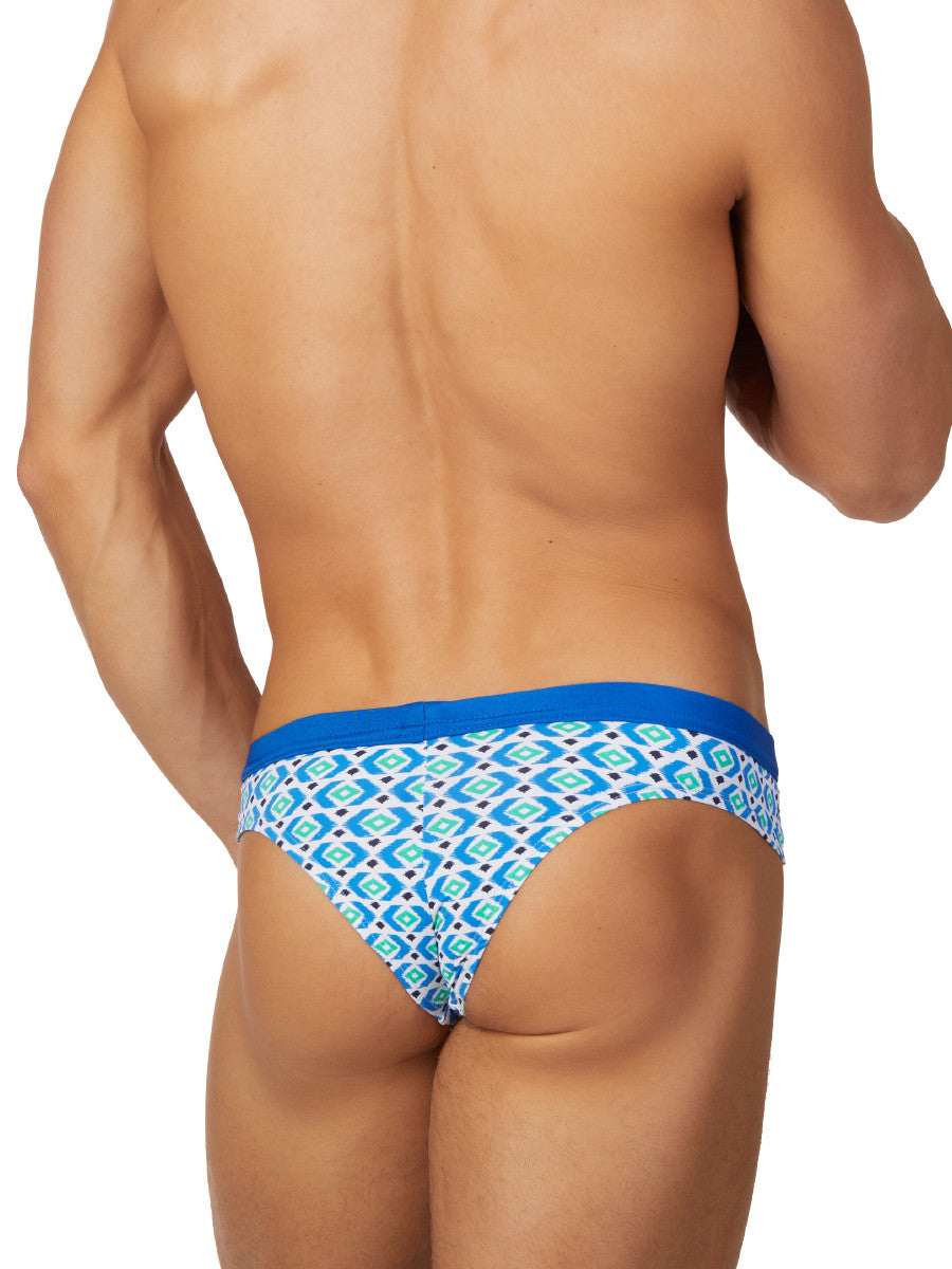 Men's blue geometric pattern drawstring swim brief