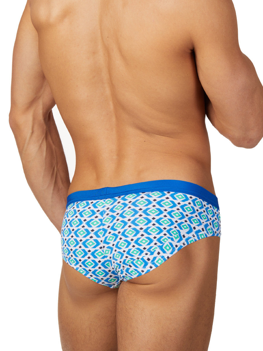 Men's blue geometric patterned drawstring swim brief