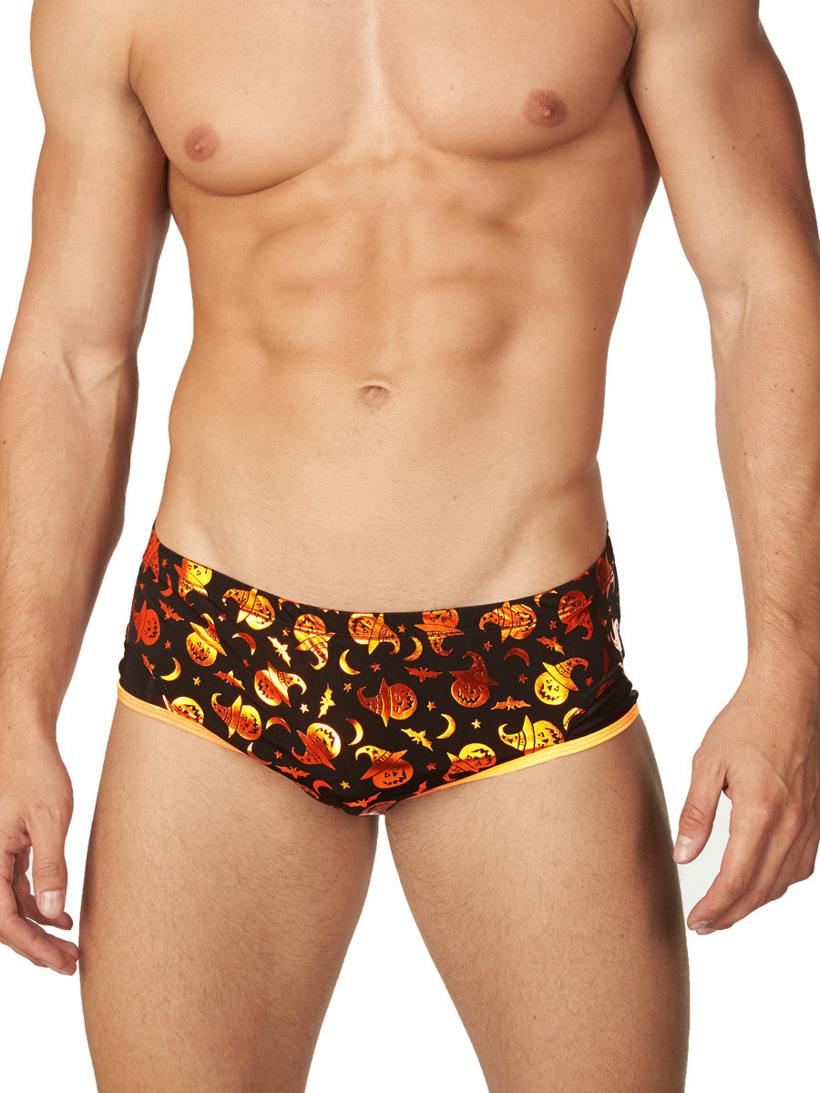 Men's orange and black Halloween patterned brief